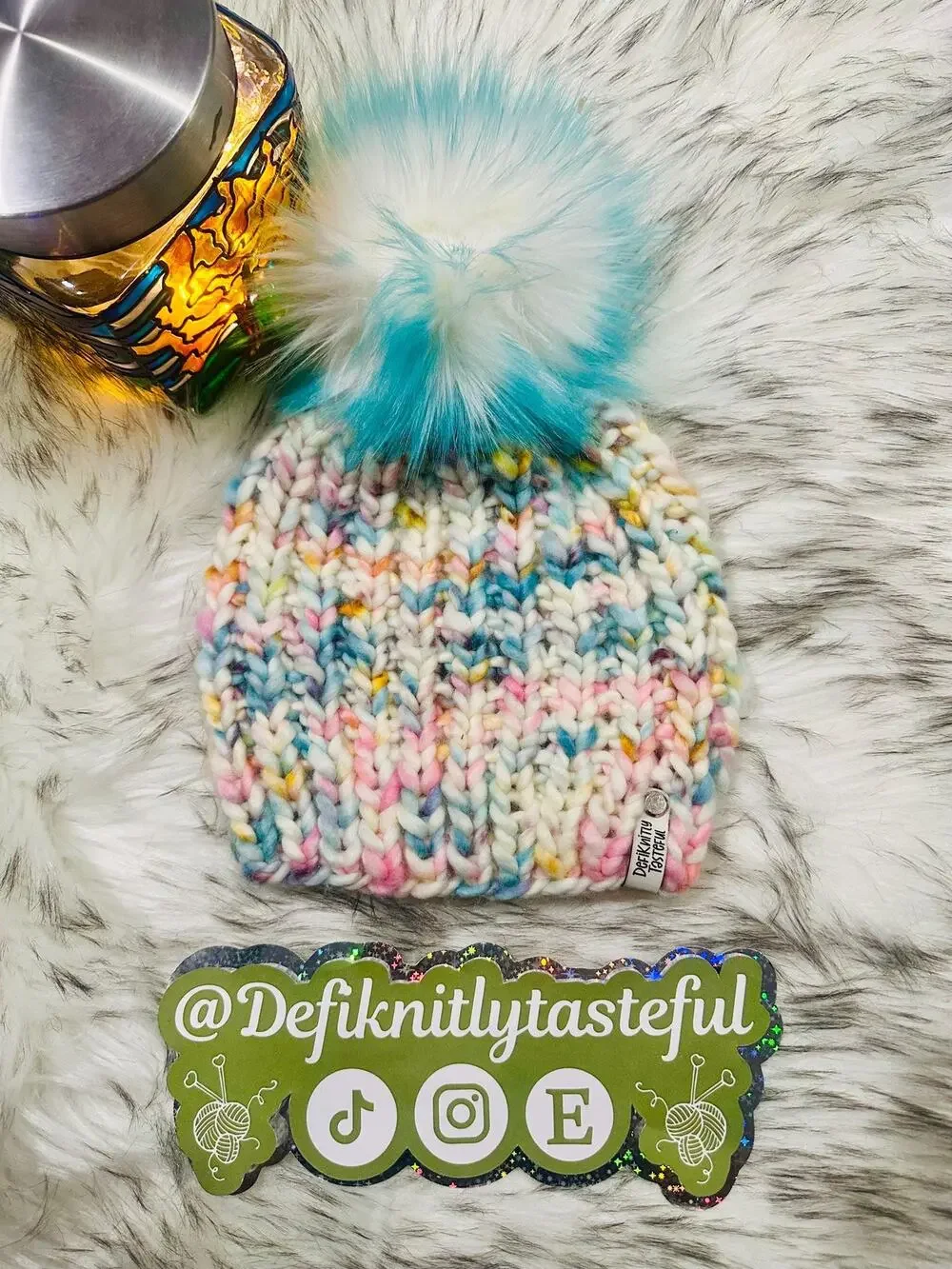Hand Knit Merino Wool Beanie: DefiKnitly Tasteful Knit Hat with Faux Fur Pom